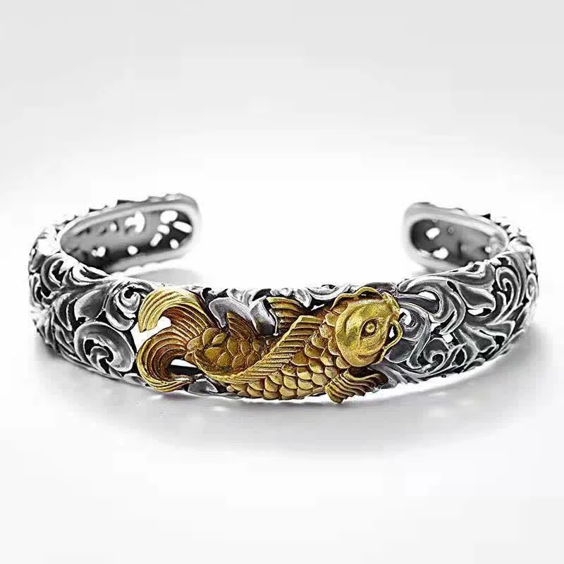 Men's Bracelets with Stone Accents-Buddha Stones Koi Fish Grass Pattern Prosperity Wealth Bracelet Bangle Men's Bracelets with Stone Accents-Buddha Stones Koi Fish Grass Pattern Prosperity Wealth Bracelet Bangle