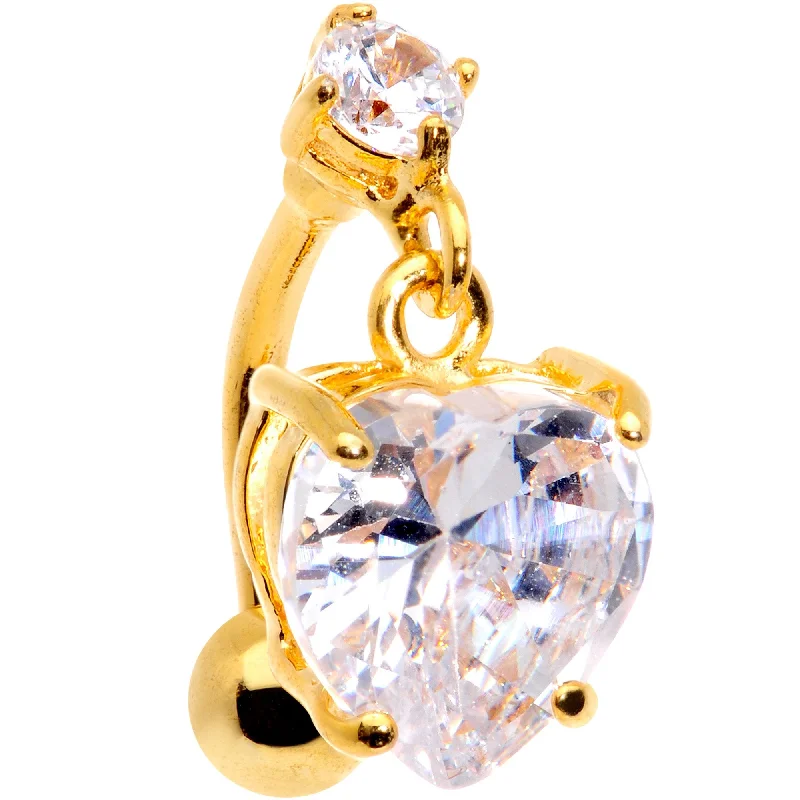 Stunning Belly Rings for Dazzling Fashion -Clear Gem Gold Tone Lovely Heart Top Mount Dangle Belly Ring Stunning Belly Rings for Dazzling Fashion -Clear Gem Gold Tone Lovely Heart Top Mount Dangle Belly Ring