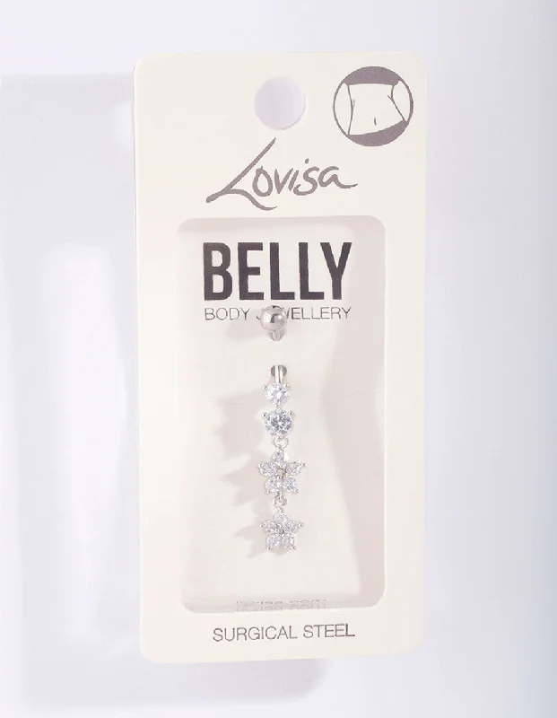 Beautiful Belly Rings with Gorgeous Shine -Surgical Steel Double Flower Drop Belly Bar Beautiful Belly Rings with Gorgeous Shine -Surgical Steel Double Flower Drop Belly Bar
