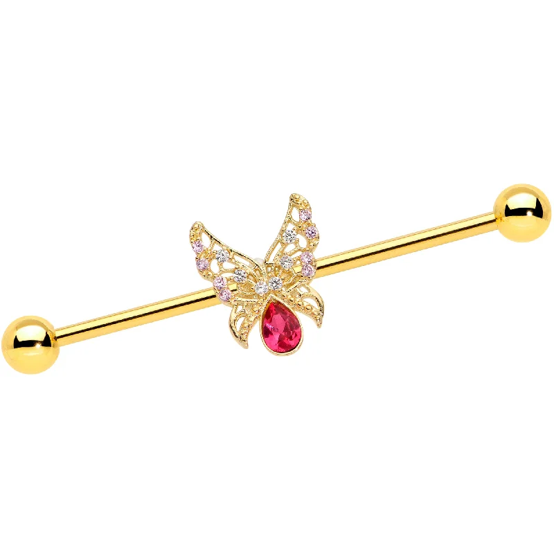 Women's Earrings – Elegant Designs for Every Personality--14 Gauge Clear Red Gem Gold Hue Lacy Butterfly Industrial Barbell 38mm