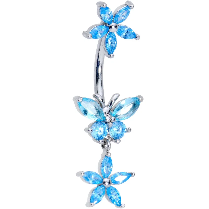 Trendy Belly Rings with Chic Finish -Aqua CZ Gem Butterfly Angel Double Mount Dangle Belly Ring Trendy Belly Rings with Chic Finish -Aqua CZ Gem Butterfly Angel Double Mount Dangle Belly Ring