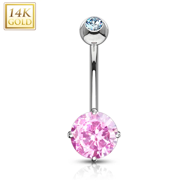 Designer Belly Rings with Polished Design -14kt Solid White Gold 4-Prong Set Pink 6mm CZ Belly Ring Designer Belly Rings with Polished Design -14kt Solid White Gold 4-Prong Set Pink 6mm CZ Belly Ring