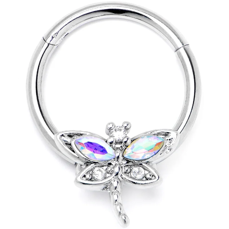 Beautiful Designer Nose Rings -16 Gauge 3/8 Aurora CZ Gem Understated Dragonfly Hinged Segment Ring Beautiful Designer Nose Rings -16 Gauge 3/8 Aurora CZ Gem Understated Dragonfly Hinged Segment Ring