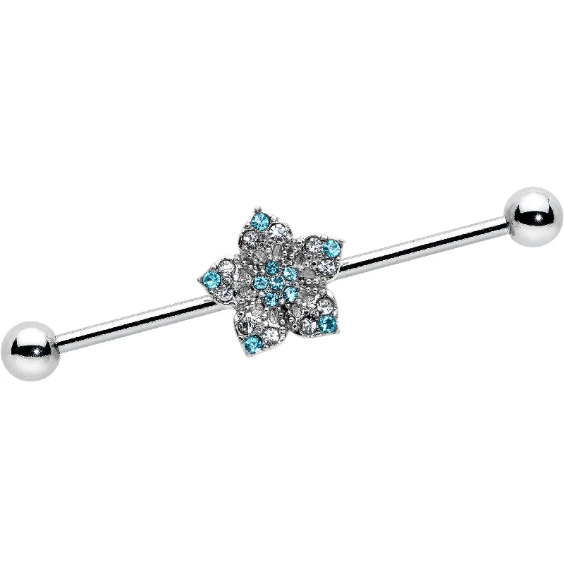 Women's Earrings – Elegant Designs for Every Personality--14 Gauge Blue Clear Gem Opulent Flower Industrial Barbell 38mm