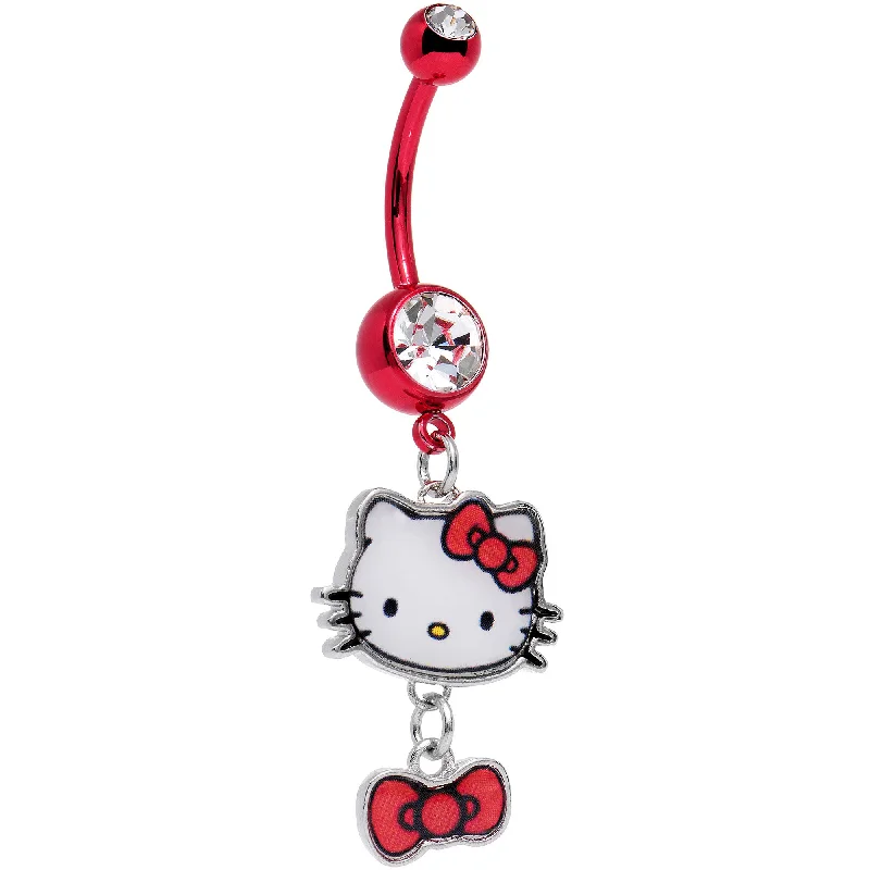 Comfortable Belly Rings with Chic Finish -Licensed Hello Kitty Cat Clear Gem Red Anodized Titanium Dangle Belly Ring Comfortable Belly Rings with Chic Finish -Licensed Hello Kitty Cat Clear Gem Red Anodized Titanium Dangle Belly Ring
