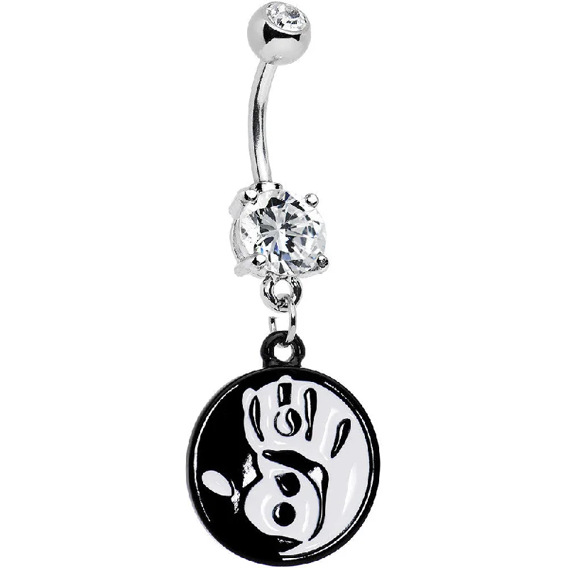 Comfortable Belly Rings with Elegant Finish -Clear Gem Coexist Black and White Hand Yin Yang Dangle Belly Ring