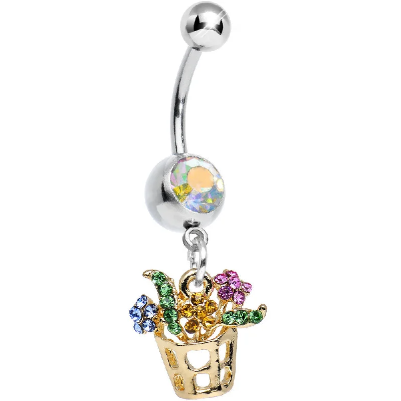 Custom Belly Rings for Unique Appeal -Aurora Gem Gleaming Gold Basket of Flowers Dangle Belly Ring Custom Belly Rings for Unique Appeal -Aurora Gem Gleaming Gold Basket of Flowers Dangle Belly Ring