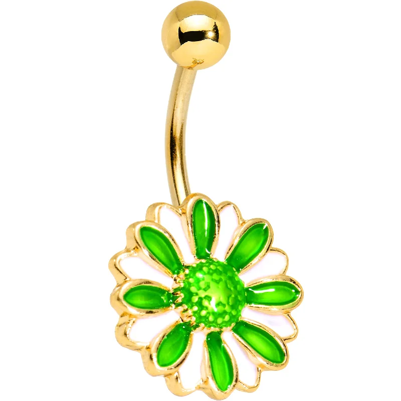 Belly Rings with Silver and Gold Detailing -Green Gem Gold PVD Grand Garden Flower Belly Ring Belly Rings with Silver and Gold Detailing -Green Gem Gold PVD Grand Garden Flower Belly Ring