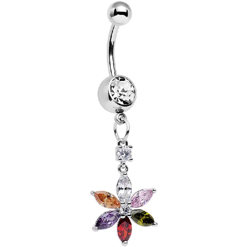 Comfortable Belly Rings for Everyday Wear -Clear Multicolor Gem Falling Flower Dangle Belly Ring Comfortable Belly Rings for Everyday Wear -Clear Multicolor Gem Falling Flower Dangle Belly Ring