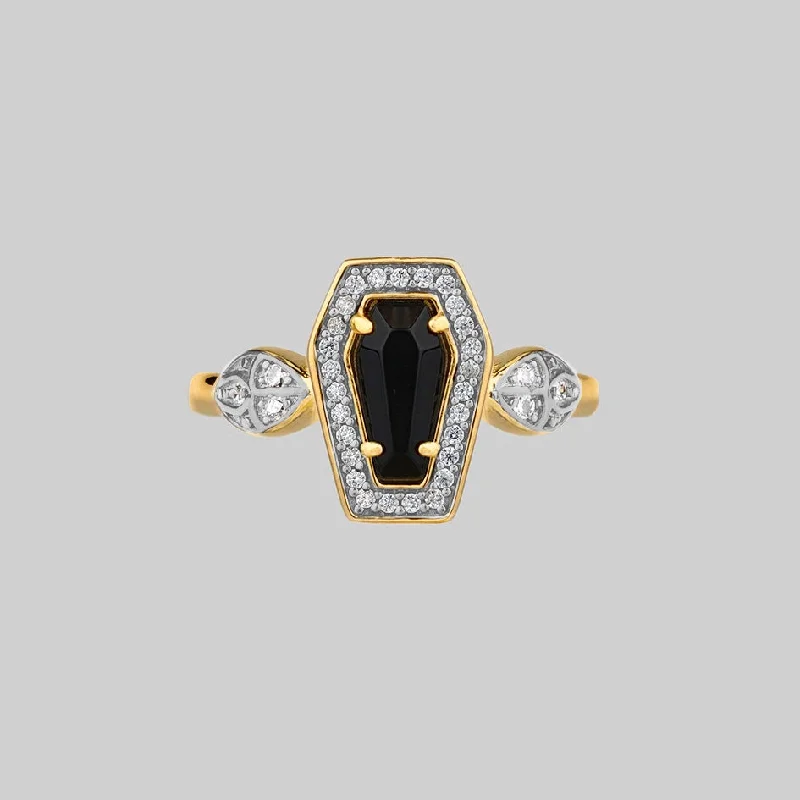 Chic Women's Rings for Fashion-Forward Looks-MORI. Black Onyx & Crystal Coffin Gold Ring Chic Women's Rings for Fashion-Forward Looks-MORI. Black Onyx & Crystal Coffin Gold Ring