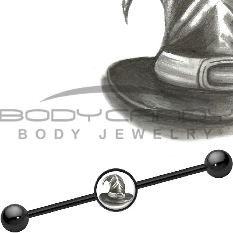 Women's Earrings – Elegant Designs for Every Personality--14 Gauge Black Anodized Magic Witch Hat Industrial Barbell 37mm
