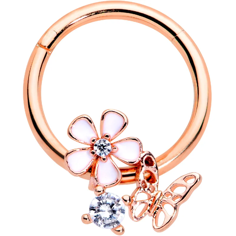 Trendy Nose Rings for Unique Style -16 Gauge 3/8 Clear CZ Gem Rose Gold Tone Butterfly Flower Segment Ring