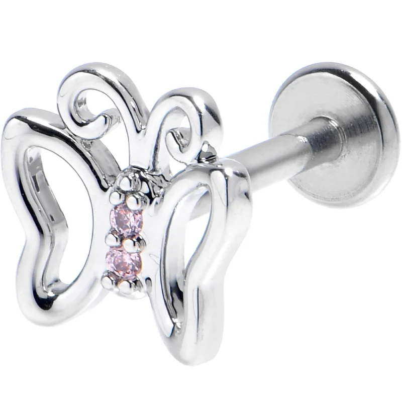 Gold Lip Rings for Subtle Glam16 Gauge 5/16 Pink CZ Gem Internally Threaded Open Butterfly Labret