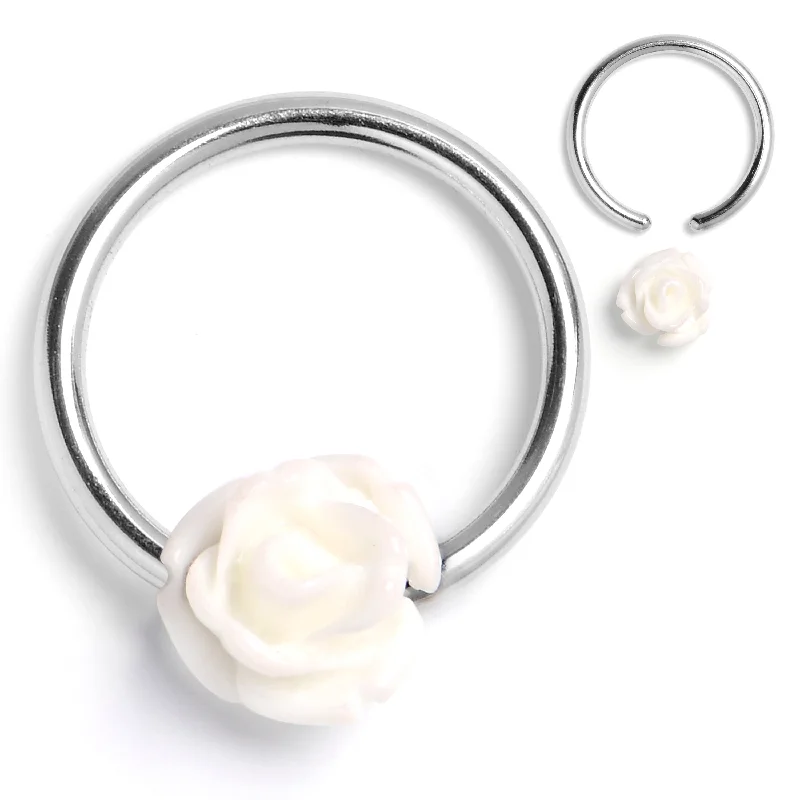 Women's Earrings – Elegant Designs for Every Personality--16 Gauge 3/8 Open Bloom Rose White BCR Captive Ring