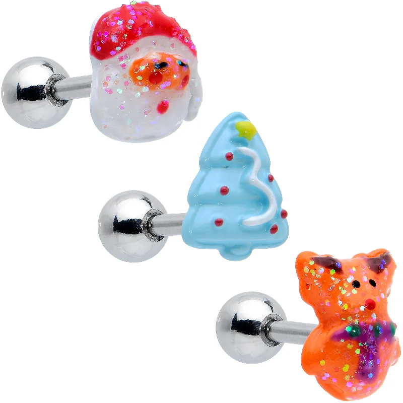 Women's Earrings – Elegant Designs for Every Personality--16 Gauge 1/4 Glitter Santa Tree Reindeer Cartilage Earring Set of 3