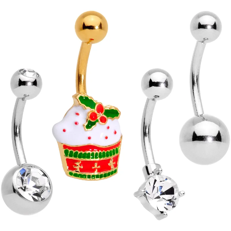 Sparkling Belly Rings for Beautiful Shine -Clear Gem Gold Tone Red Holiday Cupcake Belly Ring Set of 4 Sparkling Belly Rings for Beautiful Shine -Clear Gem Gold Tone Red Holiday Cupcake Belly Ring Set of 4