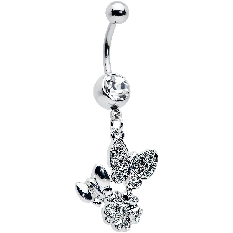 Belly Rings with Exotic Designs -Clear Gem Butterflies Tiny Flower Dangle Belly Ring Belly Rings with Exotic Designs -Clear Gem Butterflies Tiny Flower Dangle Belly Ring