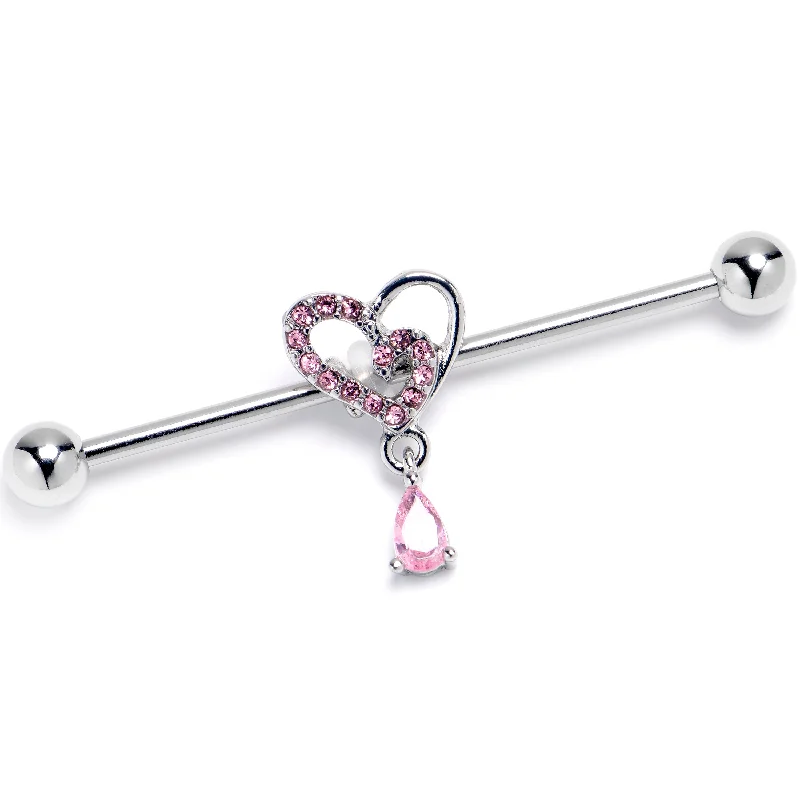 Women's Earrings – Elegant Designs for Every Personality--14 Gauge Pink CZ Gem Asymmetrical Heart Dangle Industrial Barbell 38mm