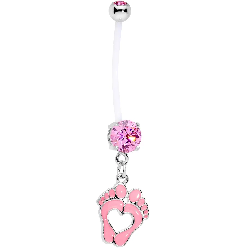 Trendy Belly Rings for Bold Looks -Pink CZ Gem Baby Precious Footprints Dangle Pregnancy Belly Ring Trendy Belly Rings for Bold Looks -Pink CZ Gem Baby Precious Footprints Dangle Pregnancy Belly Ring