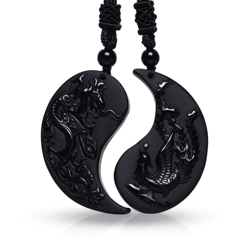 Shop Classic Women's  Necklaces & Pendants with a Modern Twist-Buddha Stones Black Obsidian Yin Yang Dragon Phoenix Luck Necklace Pendant