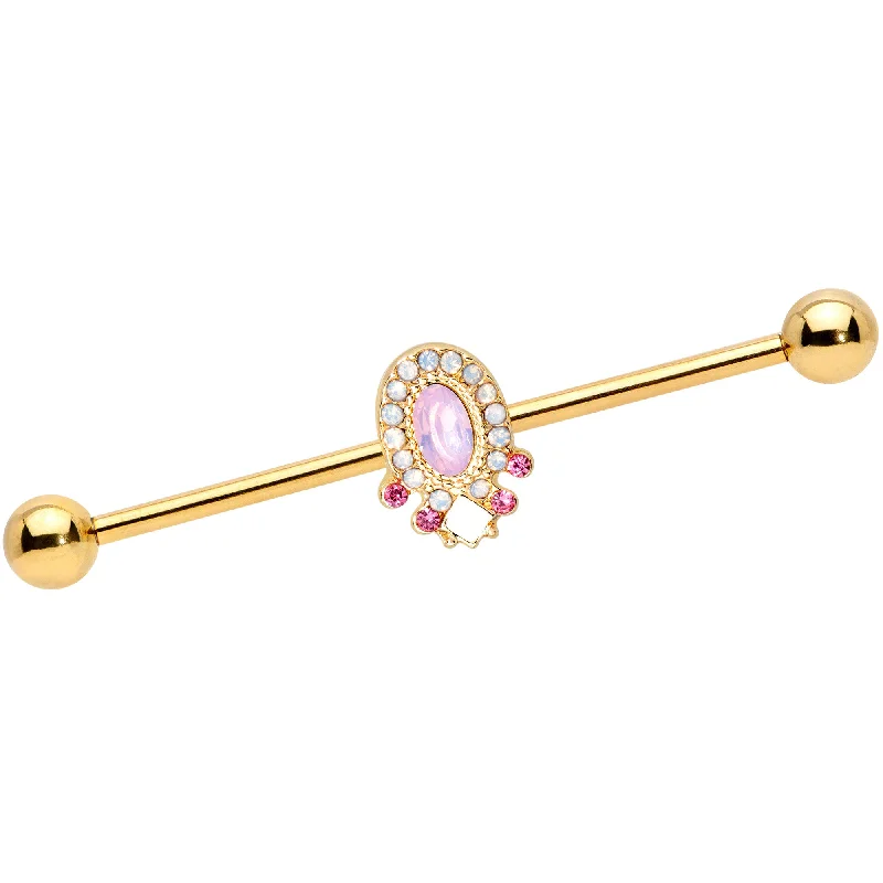 Women's Earrings – Elegant Designs for Every Personality--14 Gauge Pink Gem White Faux Opal Gold Tone Industrial Barbell 38mm