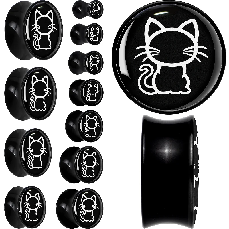 Women's Earrings – Elegant Designs for Every Personality--Black and White Kitty Cat Black Acrylic Saddle Plug Set 8mm to 20mm