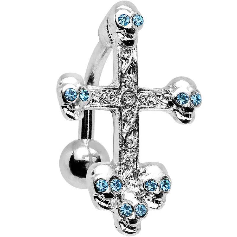 Beautiful Belly Rings for Glamorous Appeal -Aqua Gem Top Mount Skull Studded Gothic Cross Belly Ring Beautiful Belly Rings for Glamorous Appeal -Aqua Gem Top Mount Skull Studded Gothic Cross Belly Ring