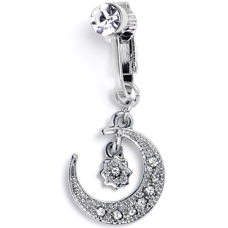 Belly Rings for Elegant Fashion -Clear CZ Gem Moon and Star Dangle Clip on Fake Belly Ring Belly Rings for Elegant Fashion -Clear CZ Gem Moon and Star Dangle Clip on Fake Belly Ring