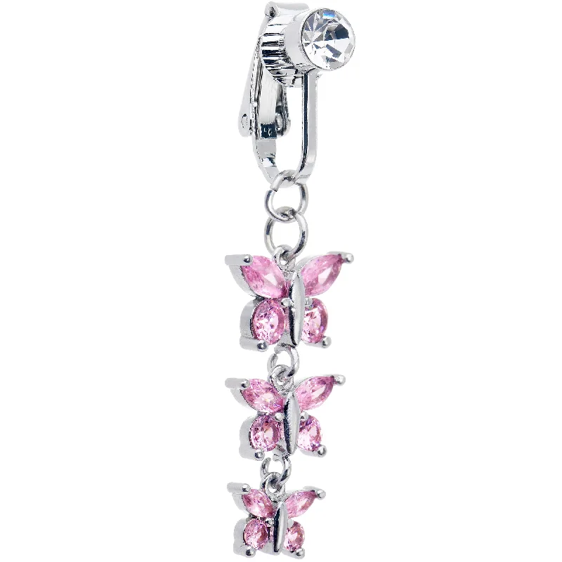 Beautiful Belly Rings for Stunning Effect -Pink CZ Gem Butterfly Strand Dangle Clip on Fake Belly Ring Beautiful Belly Rings for Stunning Effect -Pink CZ Gem Butterfly Strand Dangle Clip on Fake Belly Ring