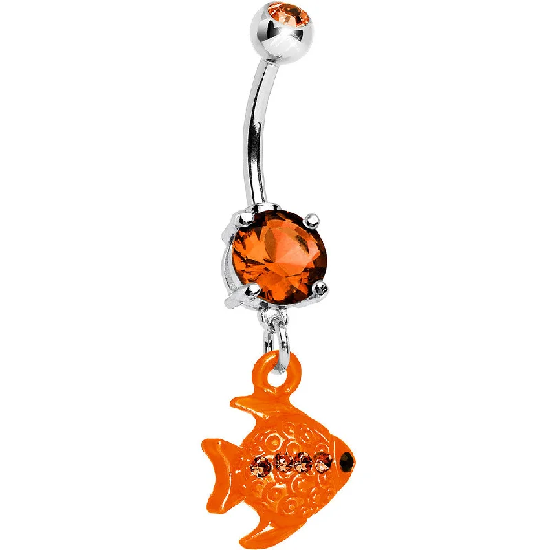 Designer Belly Rings with Polished Design -Orange Gem Neon Angel Fish Dangle Belly Ring Designer Belly Rings with Polished Design -Orange Gem Neon Angel Fish Dangle Belly Ring