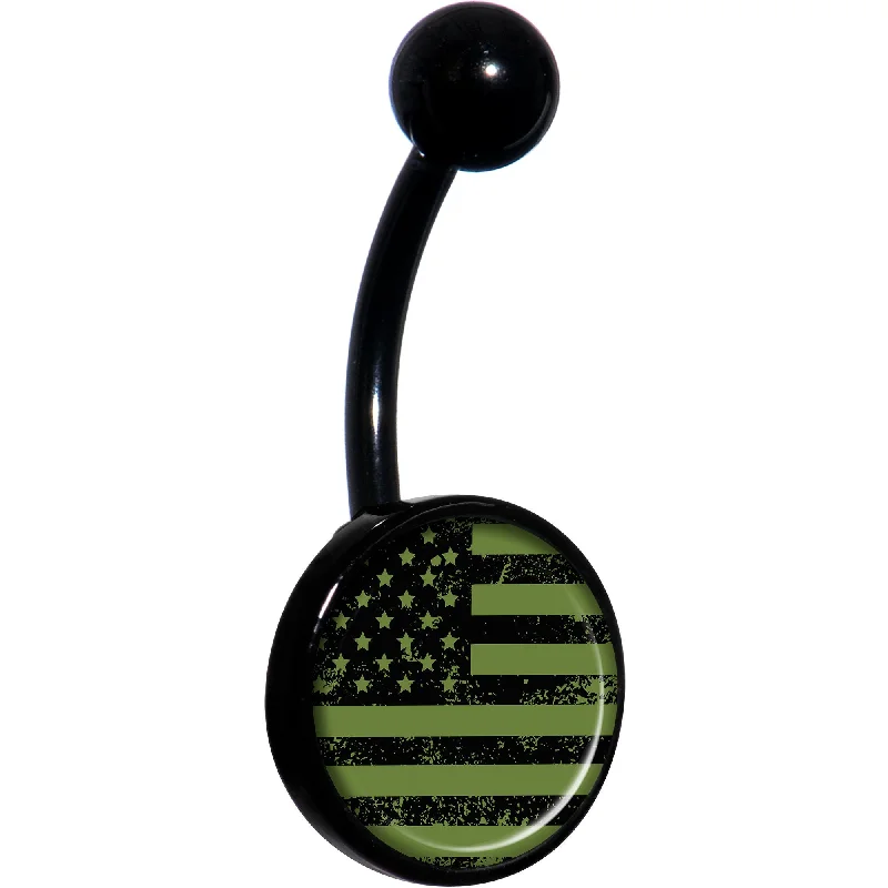 Trendy Belly Rings for Fashion-Forward Women -Green American Flag Black Belly Ring