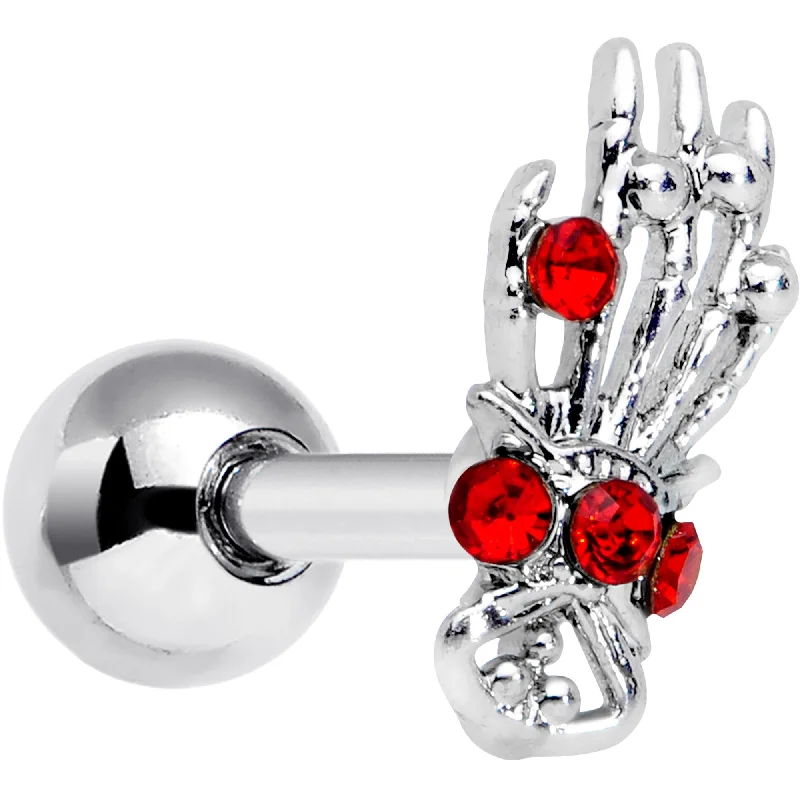 Women's Earrings – Elegant Designs for Every Personality--16 Gauge 1/4 Red Gem Skeleton Hand Halloween Cartilage Tragus Earring
