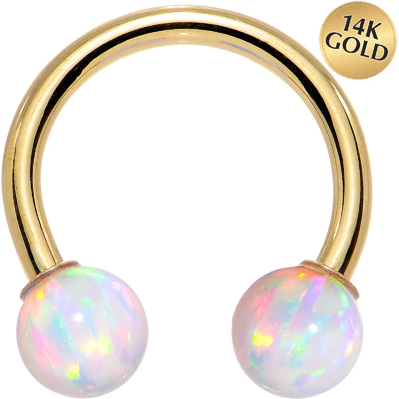 Bold and Colorful Lip Rings14 Gauge Solid 14KT Yellow Gold White Synthetic Opal Horseshoe Barbell Bold and Colorful Lip Rings14 Gauge Solid 14KT Yellow Gold White Synthetic Opal Horseshoe Barbell