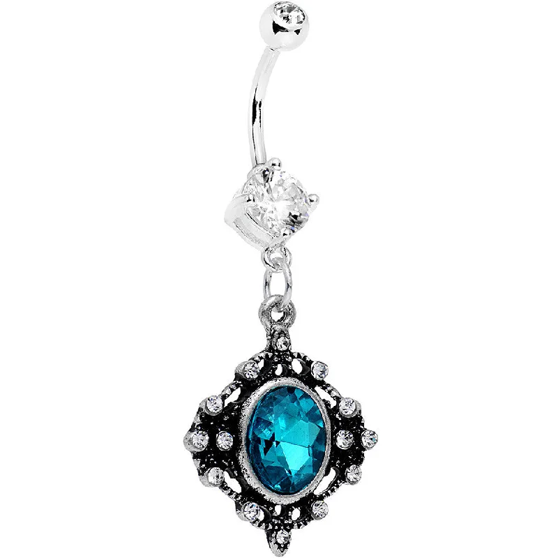 Silver Belly Rings for Elegant Appeal -Aqua Blue Clear Gem Rustic Victorian Dangle Belly Ring Silver Belly Rings for Elegant Appeal -Aqua Blue Clear Gem Rustic Victorian Dangle Belly Ring