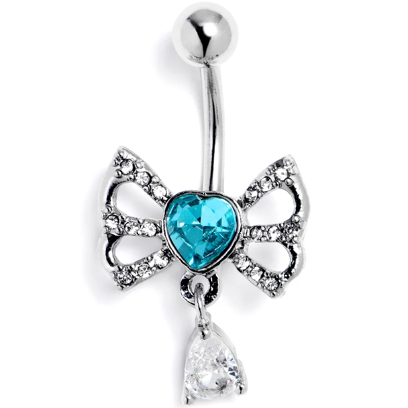 Designer Belly Rings with Creative Features -Clear Blue CZ Gem Heart In A Bow Dangle Belly Ring Designer Belly Rings with Creative Features -Clear Blue CZ Gem Heart In A Bow Dangle Belly Ring