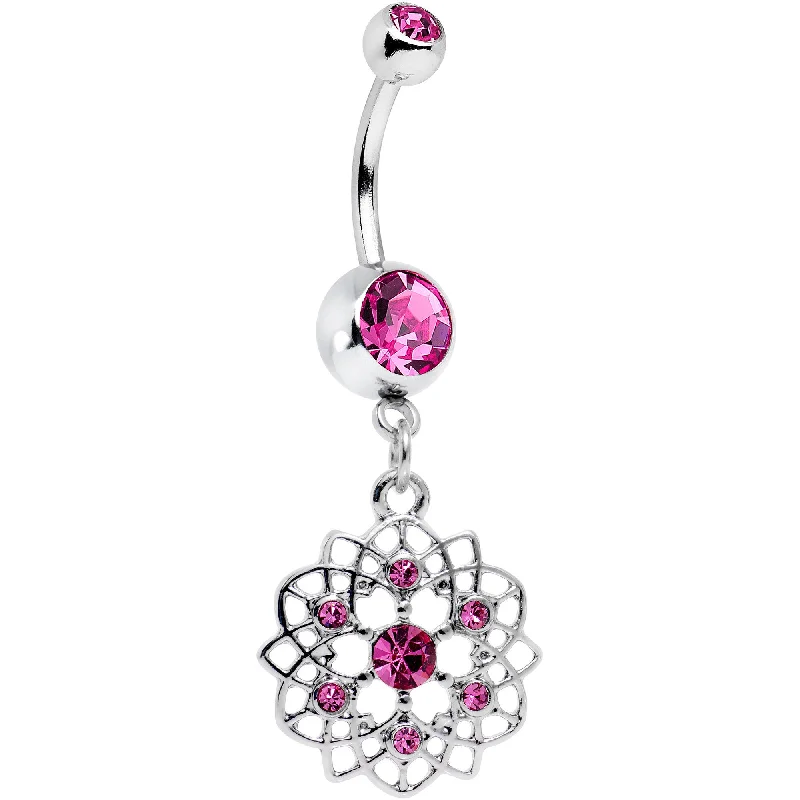 Chic Belly Rings for Stylish Looks -Pink Gem Twist Flower Dangle Belly Ring