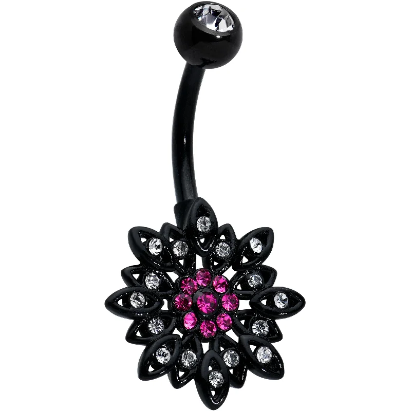 Designer Belly Rings for Personalized Style -Clear Pink Gem Black Midnight Flower Blooming Belly Ring Designer Belly Rings for Personalized Style -Clear Pink Gem Black Midnight Flower Blooming Belly Ring