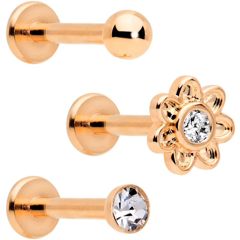 Stylish Lip Rings for Pierced Lips16 Gauge Clear Gem Rose Gold Tone Internally Threaded Rose Labret Set