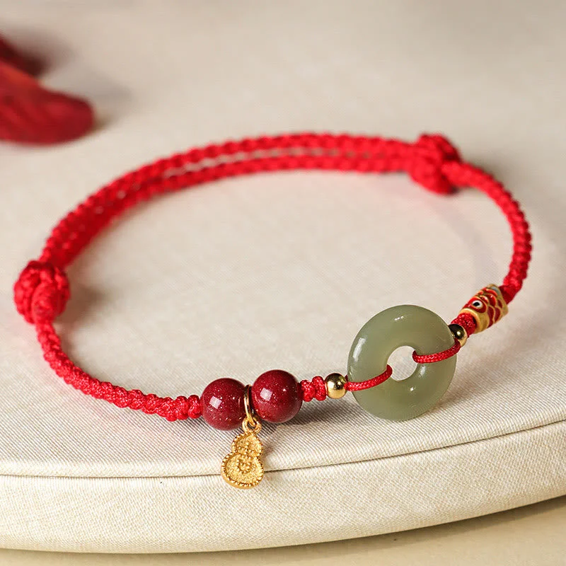Men's Bracelets for Special Occasions-Buddha Stones Red String Black String Hetian Jade Peace Buckle Cinnabar 925 Silver Protection Bracelet Men's Bracelets for Special Occasions-Buddha Stones Red String Black String Hetian Jade Peace Buckle Cinnabar 925 Silver Protection Bracelet