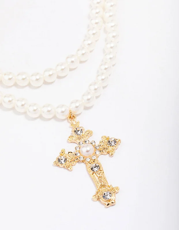 Shop Classic Women's  Necklaces & Pendants with a Modern Twist-Gold Pearl Cross Multi Row Layered Necklace