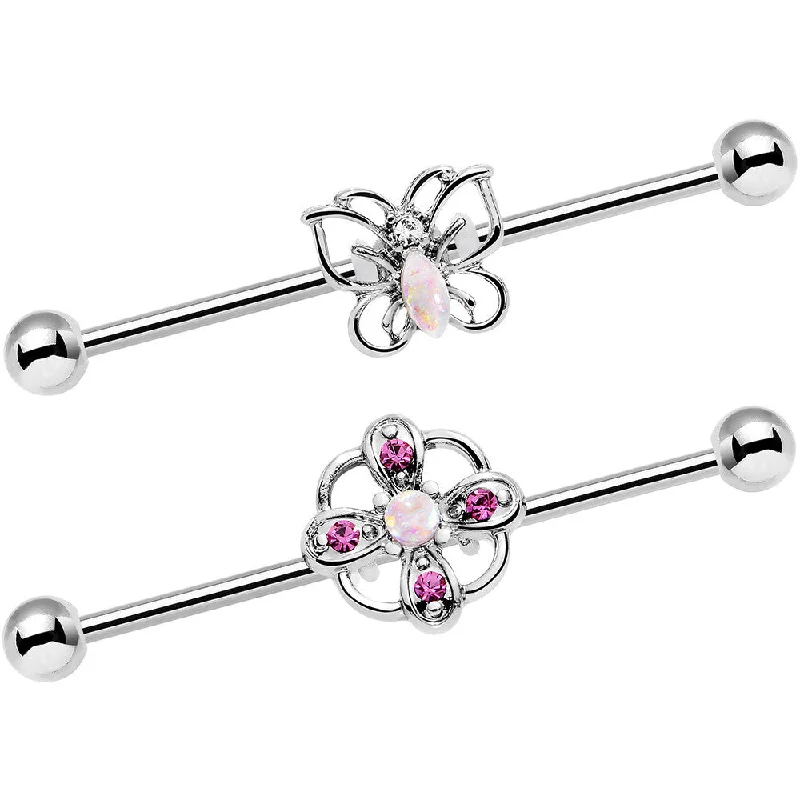 Women's Earrings – Elegant Designs for Every Personality--14 Gauge Pink Faux Opal Butterfly Flower Industrial Barbell Set 38mm
