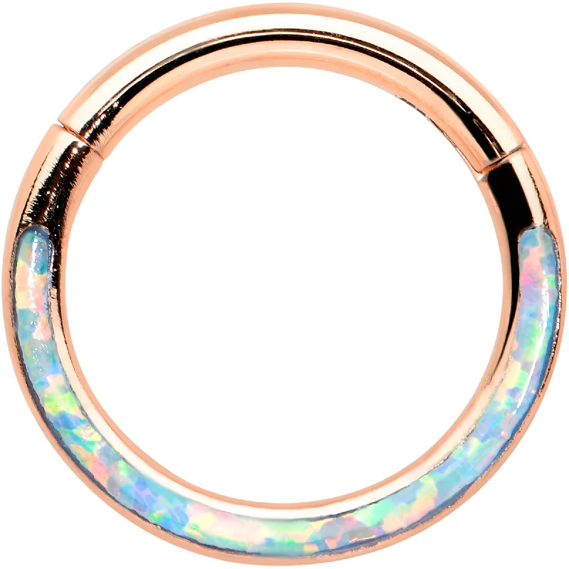 Women's Earrings – Elegant Designs for Every Personality--16 Gauge 5/16 Synth Opal Rosy Tone Bottom Curve Hinged Segment Ring