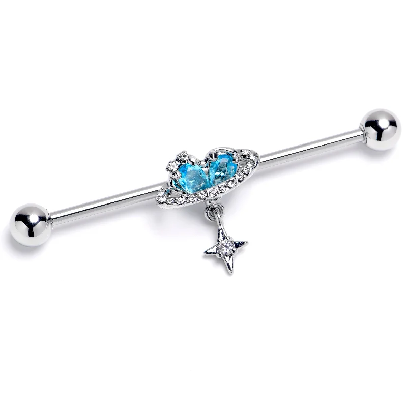 Women's Earrings – Elegant Designs for Every Personality--14 Gauge Blue Clear CZ Gem Starry Heart Dangle Industrial Barbell 38mm