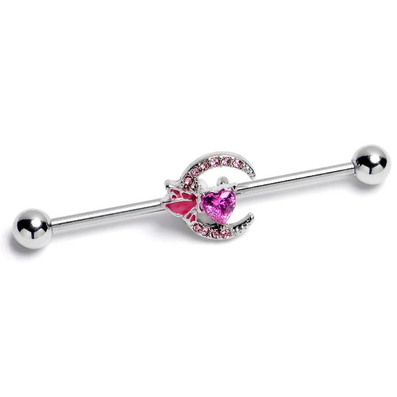 Women's Earrings – Elegant Designs for Every Personality--14 Gauge Pink Gem Butterfly Heart Moon Industrial Barbell 38mm