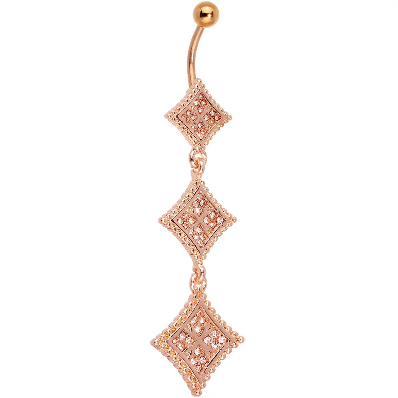 Designer Belly Rings for Trendy Women -Clear Gem Rose Gold Tone Regal Triple Rhombus Dangle Belly Ring Designer Belly Rings for Trendy Women -Clear Gem Rose Gold Tone Regal Triple Rhombus Dangle Belly Ring