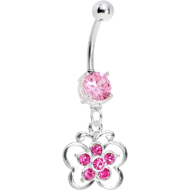 Trendy Belly Rings for Bold and Creative Fashion -Pink Gem Flower Center Butterfly Belly Ring Trendy Belly Rings for Bold and Creative Fashion -Pink Gem Flower Center Butterfly Belly Ring