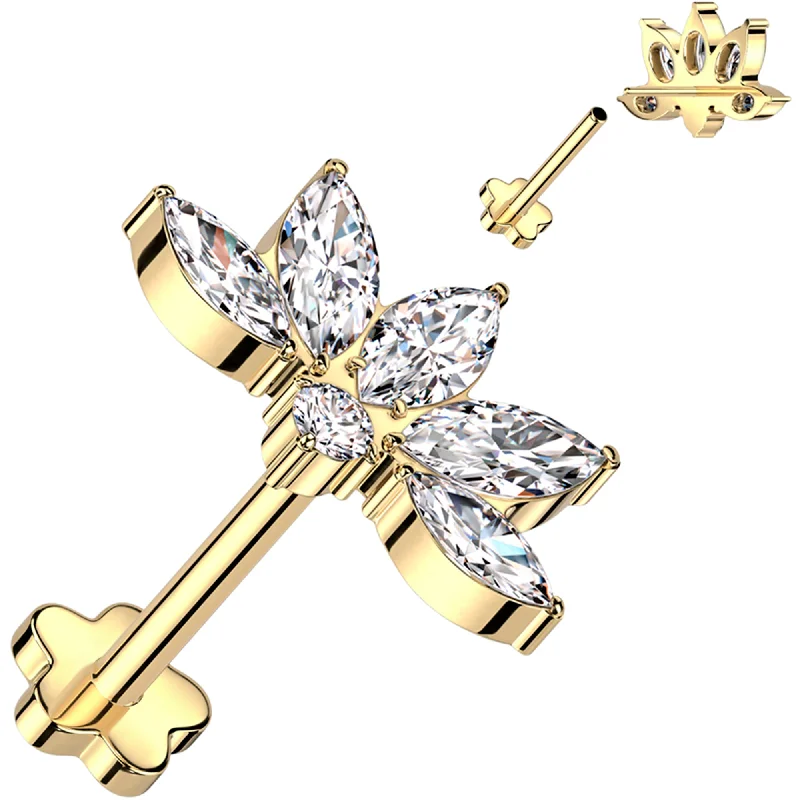 Women's Earrings – Elegant Designs for Every Personality--18 Gauge 5/16 Clear CZ Gem Style Fan Gold PVD Medical Grade Titanium Reversible Flat Back Earring