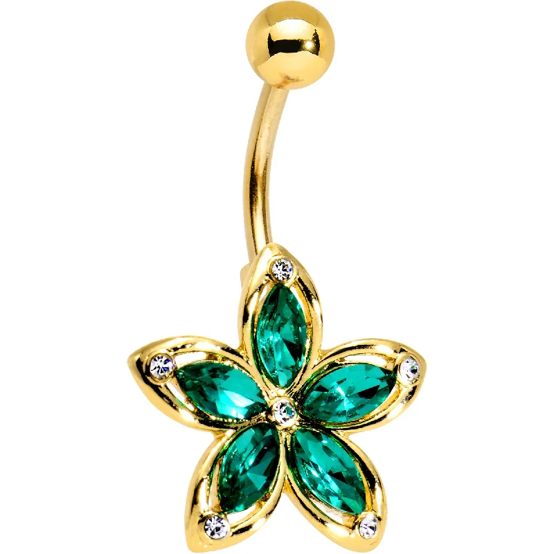 Belly Rings with Gold Finish for Elegant Style -Green Gem Gold PVD Holiday Hibiscus Flower Belly Ring Belly Rings with Gold Finish for Elegant Style -Green Gem Gold PVD Holiday Hibiscus Flower Belly Ring