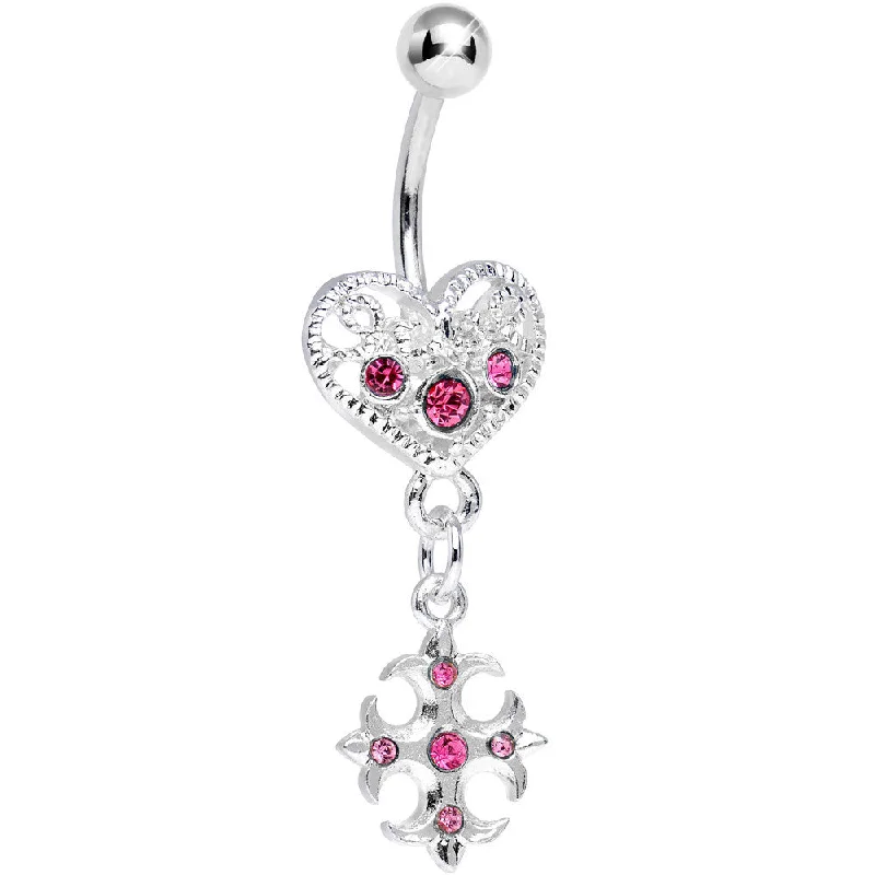 Stunning Belly Rings with Colorful Stones -Pink Gem Heart with Gothic Cross Dangle Belly Ring Stunning Belly Rings with Colorful Stones -Pink Gem Heart with Gothic Cross Dangle Belly Ring
