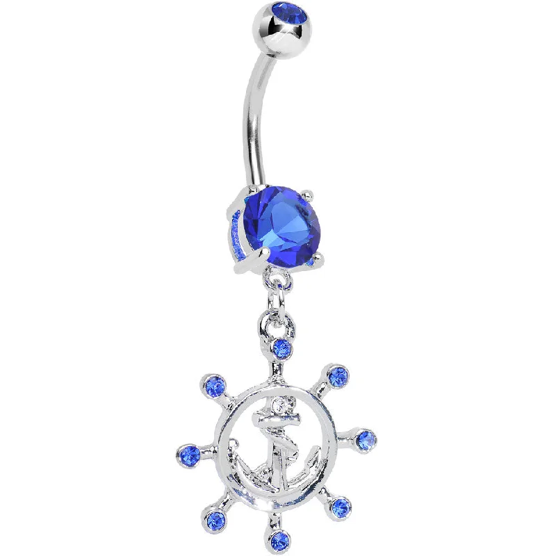 Sparkling Belly Rings for Extra Shine -Blue Gem Sailing in Style Ship Wheel and Anchor Dangle Belly Ring Sparkling Belly Rings for Extra Shine -Blue Gem Sailing in Style Ship Wheel and Anchor Dangle Belly Ring